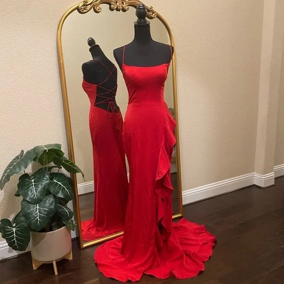 La Femme Jovanni 28294 Lace-up Open Back Ruffle High-Low Dress Size 6